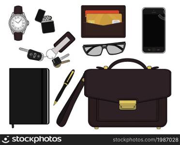 EDC set. Every day carry businessman items collection. Vector items isolated on white. Color. Businessman items. Color