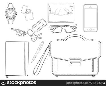 EDC set. Every day carry businessman items collection. Vector items isolated on white. Contour. Businessman items. Contour