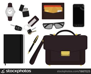 EDC set. Every day carry businessman items collection: watches, lighter, wallet, sunglasses, mobile phone, bag, pen, notebook, house keys, car keys. Isolated on white. No outline. Every day carry businessman items