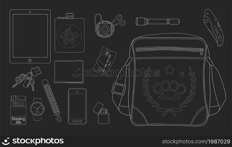 EDC set. Every day carry man items collection. Tablet computer, flask, mp3 player, flashlight, knife, bag, lighter, mobile phone, bracelet, watch, cigarettes, keys, usb, wallet, credit card. Chalk. Everyday carry man items. Chalk