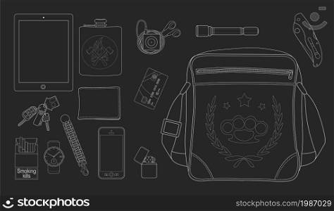 EDC set. Every day carry man items collection. Tablet computer, flask, mp3 player, flashlight, knife, bag, lighter, mobile phone, bracelet, watch, cigarettes, keys, usb, wallet, credit card. Chalk. Everyday carry man items. Chalk
