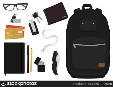 EDC set. Every day carry man items collection: glasses, usb, wallet, backpack, credit card, keys, moleskine, pencil, pen, lighter, pocket knife. Every day carry man items. Color