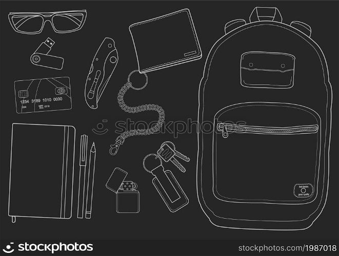 EDC set. Every day carry man items collection. Vector isolated items. Chalk. Every day carry items. Chalk