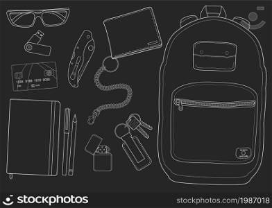 EDC set. Every day carry man items collection. Vector isolated items. Chalk. Every day carry items. Chalk
