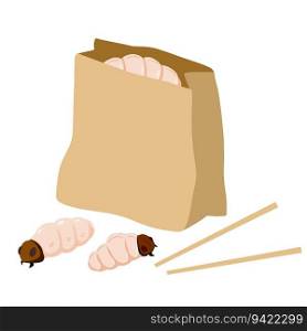 Edible larva in paper bag and packaging. Eating caterpillar with chopsticks. Asian snack and street fast food. Source of insect protein. Edible larva in paper bag and packaging