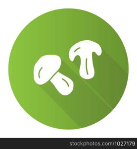 Edible mushroom green flat design long shadow glyph icon. Cut champignon, shiitake slice vector silhouette illustration. Healthy nutrition, vegetarian food. Tasty nutrient eating, organic snack