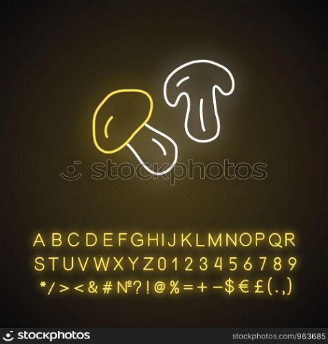 Edible mushroom neon light icon. Glowing sign with alphabet, numbers and symbols. Cut champignon, shiitake slice vector isolated illustration. Healthy nutrition, delicious forest plant, vegan food