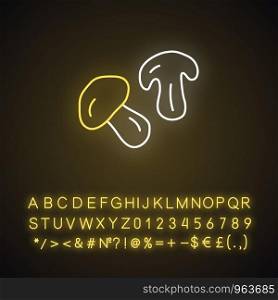 Edible mushroom neon light icon. Glowing sign with alphabet, numbers and symbols. Cut champignon, shiitake slice vector isolated illustration. Healthy nutrition, delicious forest plant, vegan food