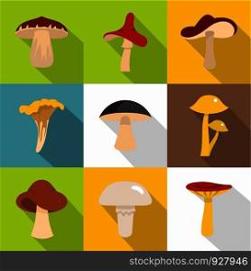 Edible mushrooms icon set. Flat style set of 9 edible mushrooms vector icons for web design. Edible mushrooms icon set, flat style