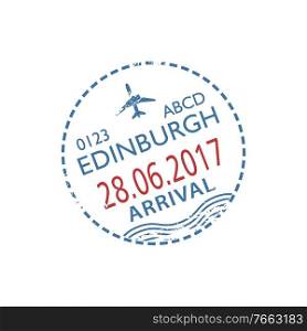 Edinburgh airport arrival visa round st&isolated. Vector Scotland and UK border control, arrived sign. Scotland border entry visa Edinburgh airport st&