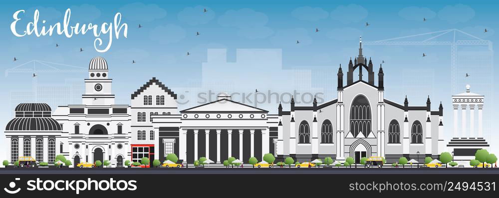 Edinburgh Skyline with Gray Buildings and Blue Sky. Vector Illustration. Business Travel and Tourism Concept with Historic Buildings. Image for Presentation Banner Placard and Web Site.