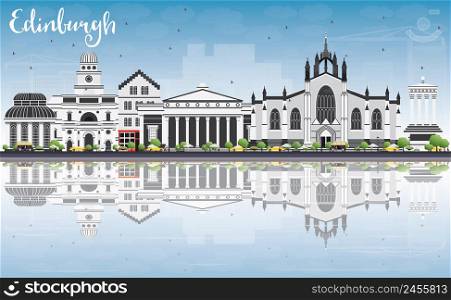 Edinburgh Skyline with Gray Buildings, Blue Sky and Reflections. Vector Illustration. Business Travel and Tourism Concept with Historic Buildings. Image for Presentation Banner Placard and Web Site.