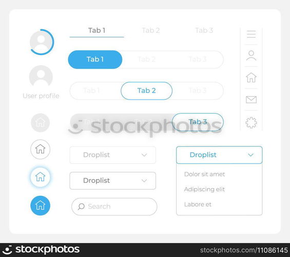 Edit account UI elements kit. Editable isolated vector components. Navigation menu. Web design widget pack for mobile application, software with light theme. Montserrat Light, Medium, Bold fonts used. Edit account UI elements kit