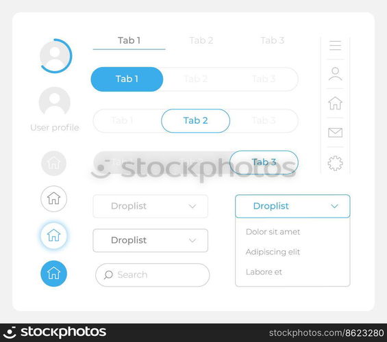Edit account UI elements kit. Editable isolated vector components. Navigation menu. Web design widget pack for mobile application, software with light theme. Montserrat Light, Medium, Bold fonts used. Edit account UI elements kit