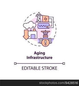 Editable aging infrastructure concept, isolated vector, thin line icon representing carbon border adjustment.. 2D aging infrastructure concept icon