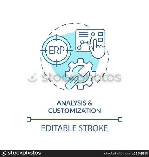 Editable analysis and customization blue icon concept, isolated vector, enterprise resource planning thin line illustration.. 2D analysis and customization blue icon concept