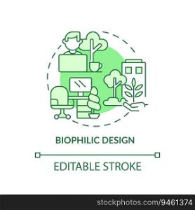 Editable biophilic design green icon concept, isolated vector, sustainable office thin line illustration.. 2D customizable biophilic design line icon concept
