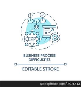 Editable business process difficulties blue icon concept, isolated vector, enterprise resource planning thin line illustration.. 2D business process difficulties blue icon concept