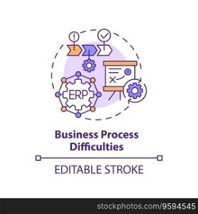 Editable business process difficulties icon concept, isolated vector, enterprise resource planning thin line illustration.. 2D business process difficulties line icon concept
