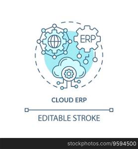 Editable cloud ERP blue icon concept, isolated vector, enterprise resource planning thin line illustration.. 2D customizable cloud ERP blue icon concept