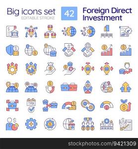 Editable colorful big icons set representing foreign direct investment, isolated vector, thin line illustration.. Set of customizable thin line icon for FDI