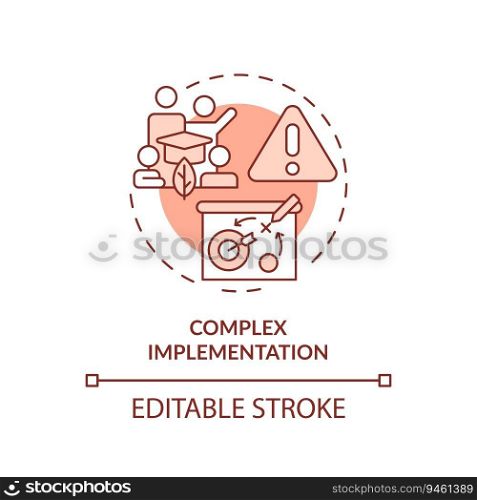 Editable complex implementation red icon concept, isolated vector, sustainable office thin line illustration.. 2D customizable complex implementation line icon concept
