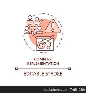 Editable complex implementation red icon concept, isolated vector, sustainable office thin line illustration.. 2D customizable complex implementation line icon concept