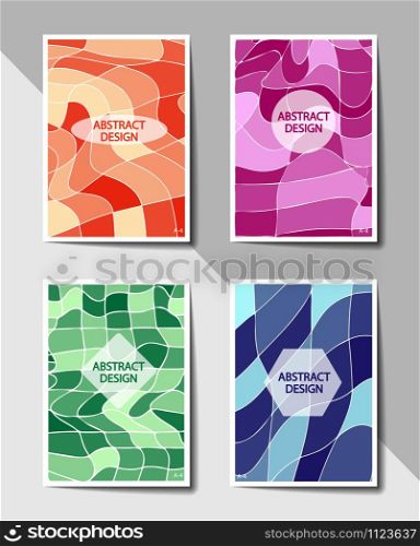Editable cover design, A4 format. Set of covers with flat color geometric pattern of deformed squares. Format A-4. Casual modern colors. Colorful background for flyers, posters, banners or billboards and booklets