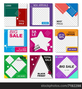 Editable Creative Commercial Banner, Lines Logo Blank. Geometric Full Color Social Networks Stories. Special Offers, Big Sale, Total Discounts on Black Friday Template. Bisiness Vector Illustration. Creative Commercial Stories Pack for Online Shop