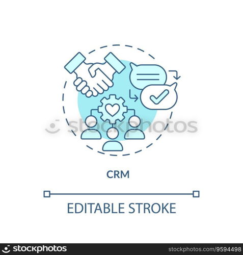 Editable CRM blue icon concept, isolated vector, enterprise resource planning thin line illustration.. 2D customizable CRM blue icon concept