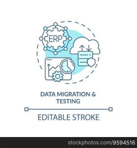 Editable data migration and testing blue icon concept, isolated vector, enterprise resource planning thin line illustration.. 2D data migration and testing blue icon concept
