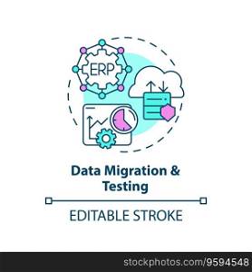 Editable data migration and testing icon concept, isolated vector, enterprise resource planning thin line illustration.. 2D data migration and testing line icon concept