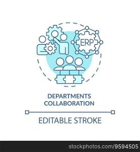 Editable department collaborations blue icon concept, isolated vector, enterprise resource planning thin line illustration.. 2D department collaborations blue icon concept