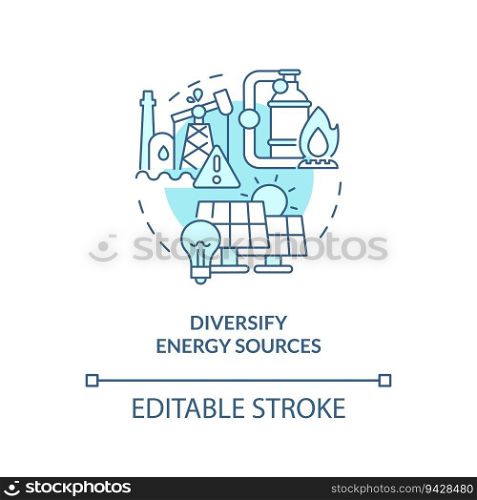 Editable diversify energy sources linear concept, isolated vector, blue thin line icon representing carbon border adjustment.. 2D diversify energy sources concept icon
