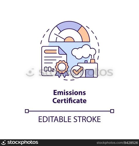 Editable emissions certificate concept, isolated vector, thin line icon representing carbon border adjustment.. 2D emissions certificate concept icon