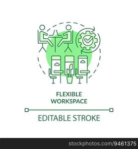 Editable flexible workspace green icon concept, isolated vector, sustainable office thin line illustration.. 2D customizable flexible workspace line icon concept