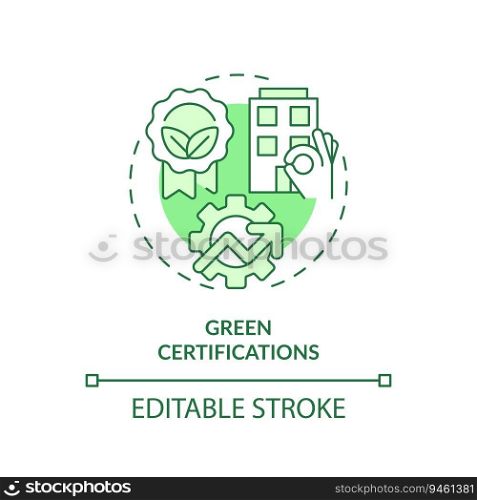 Editable green certifications icon concept, isolated vector, sustainable office thin line illustration.. 2D customizable green certifications line icon concept