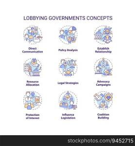Editable icons set representing lobbying government concepts, isolated vector, thin line colorful illustration.. Customizable icons for lobbying government concepts