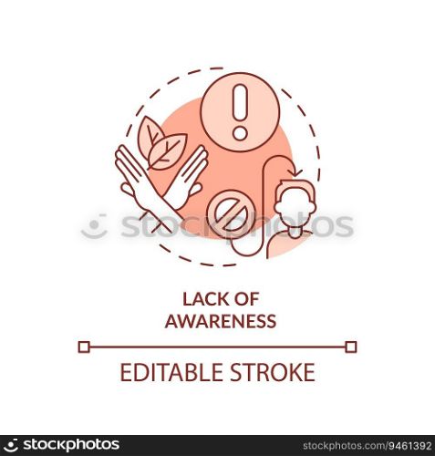 Editable lack of awareness red icon concept, isolated vector, sustainable office thin line illustration.. 2D customizable lack of awareness line icon concept