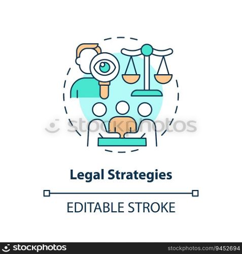 Editable legal strategies icon concept, isolated vector, lobbying government thin line illustration.. 2D customizable legal strategies icon concept