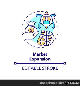 Editable market expansion icon, isolated vector, foreign direct investment thin line illustration.. Customizable market expansion icon FDI concept