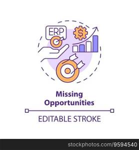 Editable missing opportunities icon concept, isolated vector, enterprise resource planning thin line illustration.. 2D missing opportunities line icon concept