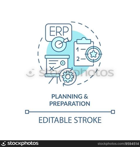 Editable planning and preparation blue icon concept, isolated vector, enterprise resource planning thin line illustration.. 2D planning and preparation blue icon concept