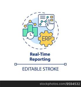 Editable real-time reporting icon concept, isolated vector, enterprise resource planning thin line illustration.. 2D real-time reporting line icon concept