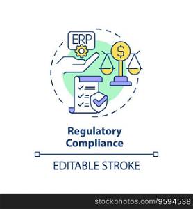 Editable regulatory compliance icon concept, isolated vector, enterprise resource planning thin line illustration.. 2D regulatory compliance line icon concept