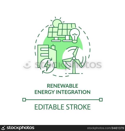 Editable renewable energy integration green icon concept, isolated vector, sustainable office thin line illustration.. 2D customizable renewable energy integration line icon concept