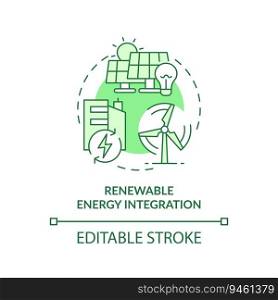 Editable renewable energy integration green icon concept, isolated vector, sustainable office thin line illustration.. 2D customizable renewable energy integration line icon concept