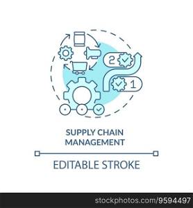 Editable supply chain management blue icon concept, isolated vector, enterprise resource planning thin line illustration.. 2D supply chain management blue icon concept