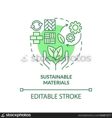 Editable sustainable materials green icon concept, isolated vector, sustainable office thin line illustration.. 2D customizable sustainable materials line icon concept