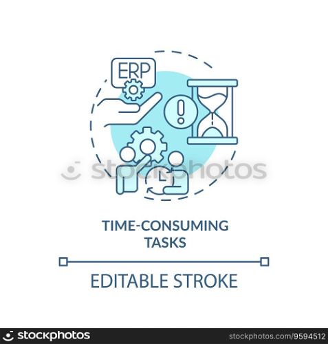Editable time consuming tasks blue icon concept, isolated vector, enterprise resource planning thin line illustration.. 2D time consuming tasks blue icon concept